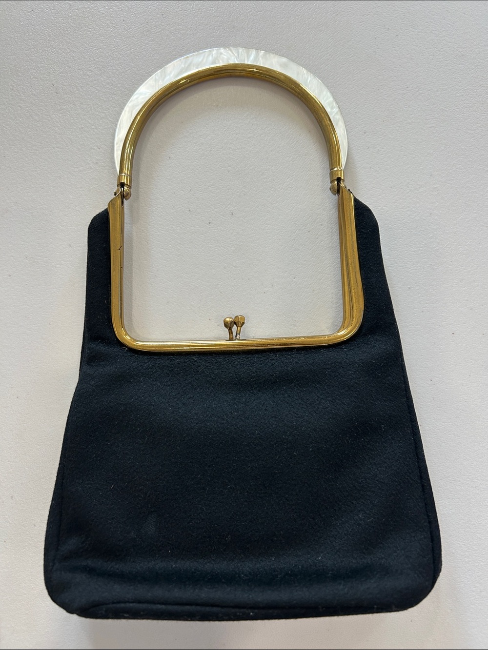 1950’s wool felt loose sight, pearl handle handbag